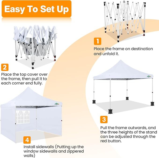 COBIZI 10x10 Pop Up Canopy with 3 Sidewalls, Canopy Tent 10x10 for Parties, Backyard, Commercial, Waterproof and Portable Instant Shelter UV50+ Ez Outdoor Canopy Gazebo with 4 Sandbags(White)