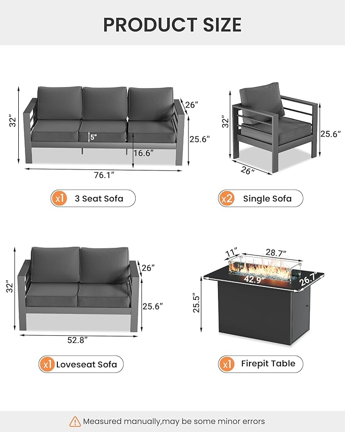 UDPATIO 6 Piece Aluminum Patio Furniture Set with Aluminum Fire Pit Table,Mordern Outdoor Furniture Set with Water-Proof Cover Included, Dark Grey