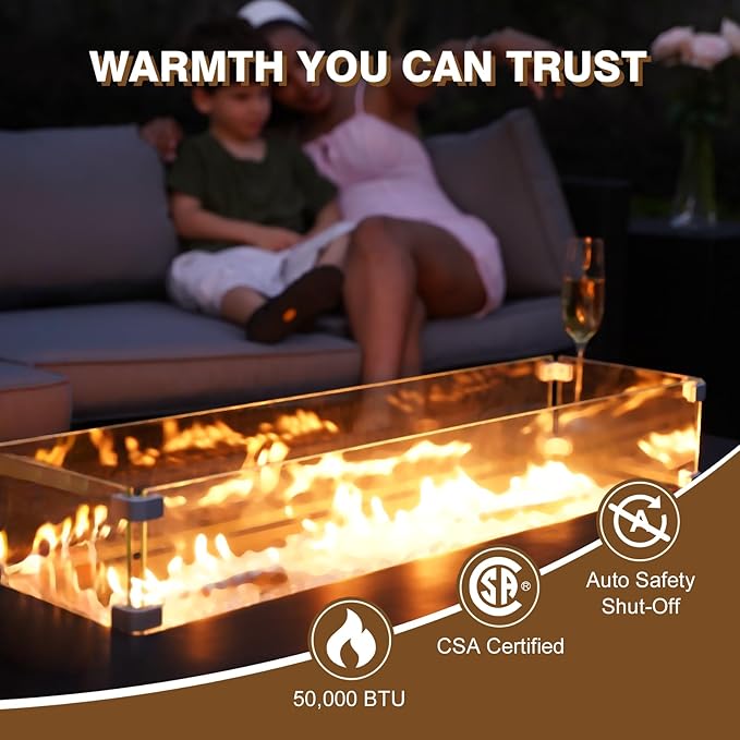 3-Piece Outdoor Propane Fire Pit Table Set – Premium Marble-Like MgO Finish, 56-Inch Gas Fire Table with Tank Table & Glass Wind Guard for Patio, Garden & Backyard, Includes Rain Cover & Glass Beads