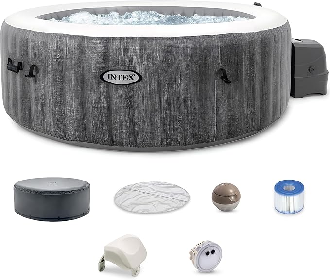 INTEX 28439EP PureSpa Greywood Deluxe Inflatable Spa Set: Includes Energy Efficient Cover – Spa Control App – Wireless Control Panel – 4 Person Capacity – 77" x 28"