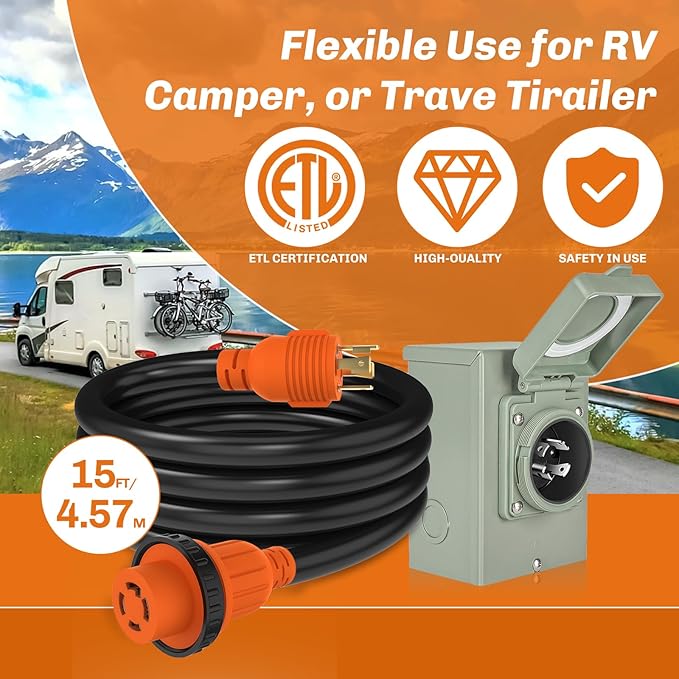 WELLUCK 30 Amp Emergency Power Combo Kit with L14-30P Inlet Box and 15 FT Power Cord, 30A Generator Power Inlet Box, NEMA L14-30P to L14-30R RV Power Extension Cord with Grip Handle, ETL Listed