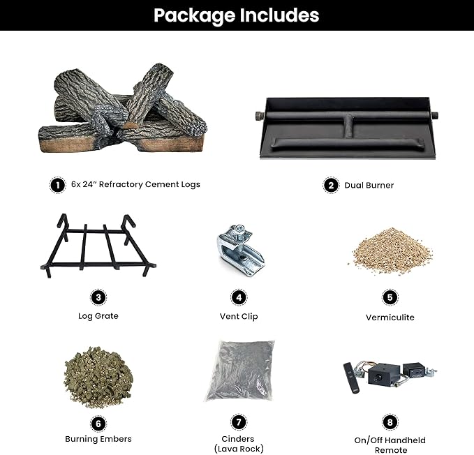 24" Premium Gas Logs - Remote Control Kit Included - for Liquid Propane Vented Fireplaces - Blazing Oak Design (Logs + Remote Light Kit)