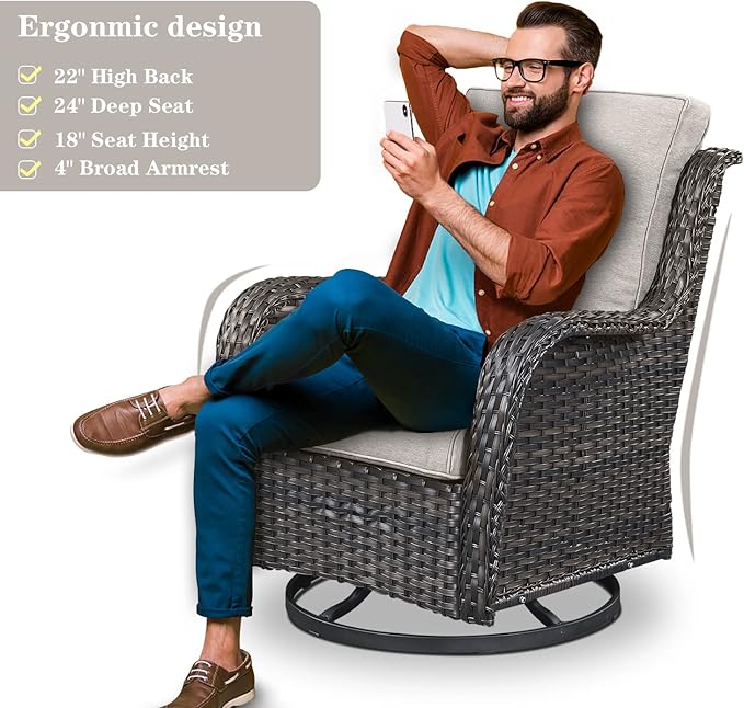 Belord Wicker Patio Furniture Sets - 8 Piece Outdoor Rattan Furniture Conversation Sets with 4 Swivel Rocker Chairs, Rattan Sofa, Wicker Ottomans and Coffee Table, Brown/Beige