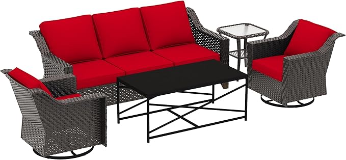 5 Pieces Outdoor Conversation Furniture Set - 77" Patio Sofa, 2 Swivel Rocker Chairs, 1 Side Table, 1 Metal Coffee Table, Patio Wicker Couch Set with Washable Cushions for Porch (Red)