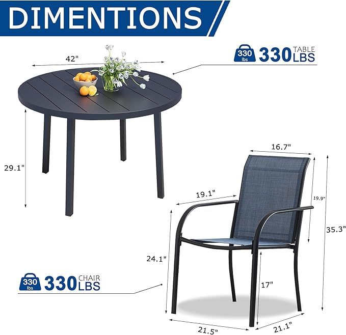 5 Pieces Patio Dining Set for 4, Dark Blue Patio Stackable Chairs and Black Round Table Set of 4, Outdoor Furniture Set with Sling Support for Outside, Garden