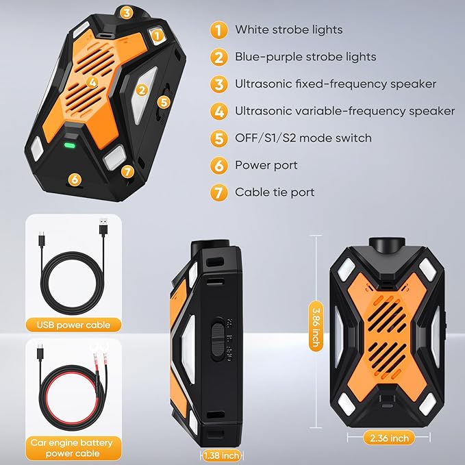 Rodent Repellent for Car Engines, Mouse Repellent, Enhanced Ultrasonic Pest Repeller, Rat Repellent, Predator Signal&Ultrasonic&LED Strobe Light, Keep Mice Away Rooms,Indoors,Outdoors (Orange)