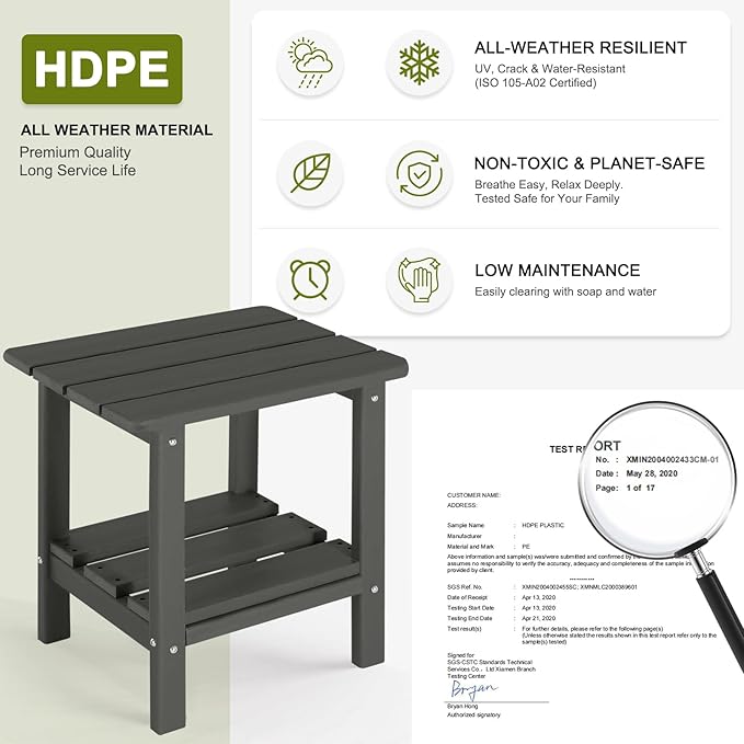 Adirondack Outdoor Side Table Set of 2, 2-Tier Small Patio End Table, Weather Resistant HDPE Outdoor End Tables for Garden, Lawn, Pool, Beach, Porch, Deck, Backyard - Square, Dark Gray