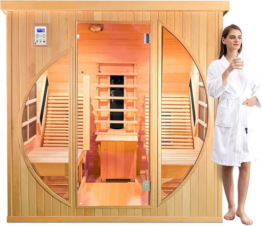 ZONEMEL Customize 2 Person Wooden Sauna Room with Recliner, Full Spectrum Infrared Hemlock/Red Cedar Luxury Indoor Sauna with 10 Heating Panels, Oxygen Bar, 3400 Watt, 220V, 8mm Tempered Glass