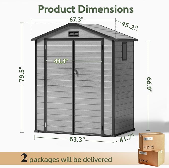 6×4FT Plastic Outdoor Storage Shed, Double Door Tool Shed with Transparent Roof and Vent, Lockable Door with Key, Storing Patio Furniture, Gardening Tools, and Bicycle Accessories