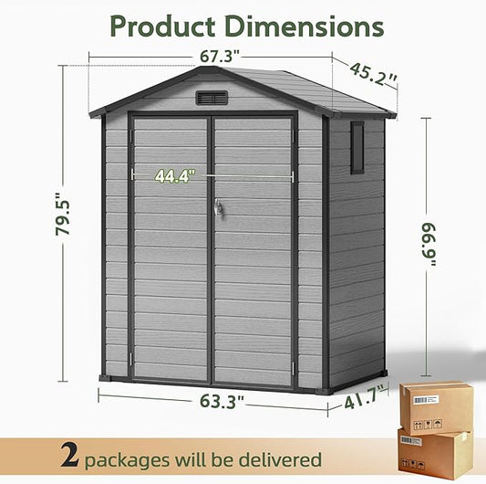 6×4FT Plastic Outdoor Storage Shed, Double Door Tool Shed with Transparent Roof and Vent, Lockable Door with Key, Storing Patio Furniture, Gardening Tools, and Bicycle Accessories