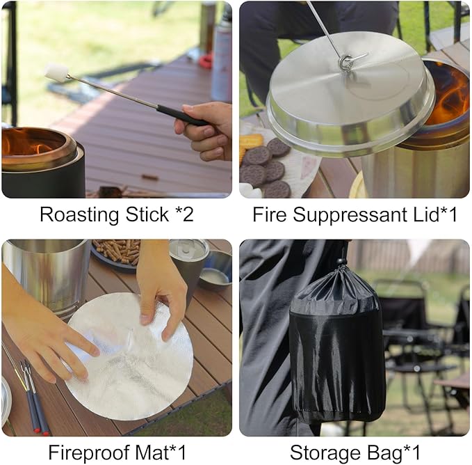 CHANGE MOORE Stainless Steel Tabletop Fire Pit 8.8×7 in with Valve, Smokeless Secondary Burning Table Top Firepit, Fueled by Pellets or Wood, with Carry Bag, Mini Sticks, Fireproof Mat