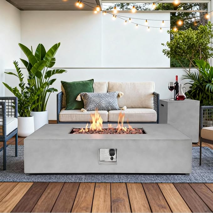 2-Piece 54" Outdoor Propane Fire Pit Table Set W 16" Tank Cover Side Table, 50,000 BTU Rectangle Concrete Fire Pit Coffee Table, Lava Rocks, Rain Cover for Patio, Backyard, Garden, Porch, Deck