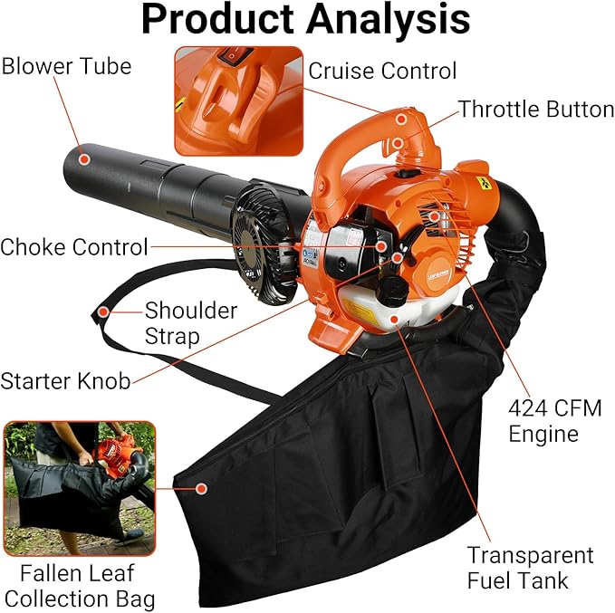 Lefitap Gas Leaf Blower - Blowing & Suction, 2 in 1 Light Handheld Leaf Blower 26CC 424 CFM 2-Cycle - with Straight and Curved Blow Pipe, Powerful Gas Powered Snow Blowers for Lawn Care