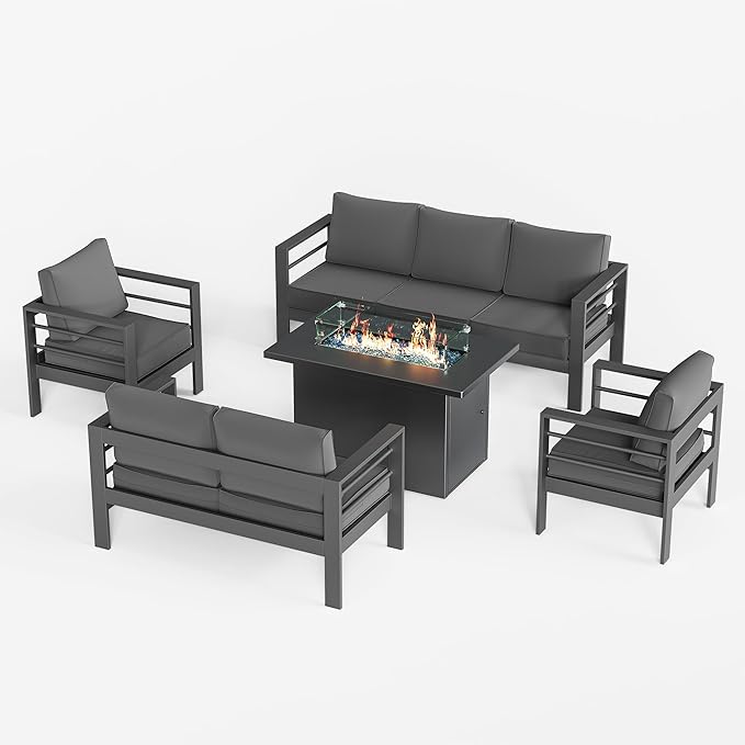 UDPATIO 6 Piece Aluminum Patio Furniture Set with Aluminum Fire Pit Table,Mordern Outdoor Furniture Set with Water-Proof Cover Included, Dark Grey
