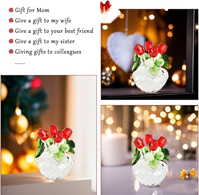 Crystal Roses Figurines,Valentine's Gifts for Women,Crystal Flowers Mom Girlfriend Wife Glass Flowers for Mother's Day,Birthday,Wedding,Anniversary Collectibles（Red）