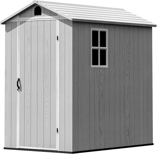 Greesum 4x6FT Plastic Outdoor Storage Shed with Floor, Resin Storaged Sheds with Lockable Door, All Weather Durable Tool Shed with Window and Vent, for Garden, Backyard, Patio, Light Gray