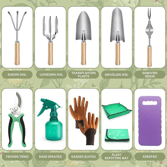 Gardening Tools Set, 11 Piece Garden Hand Tools, Garden Tools Set with Rust-Proof,Fashion and Durable Garden Tools Organizer Handbag Perfect Gardening Gifts for Mothers Day & Outdoor (Purple)