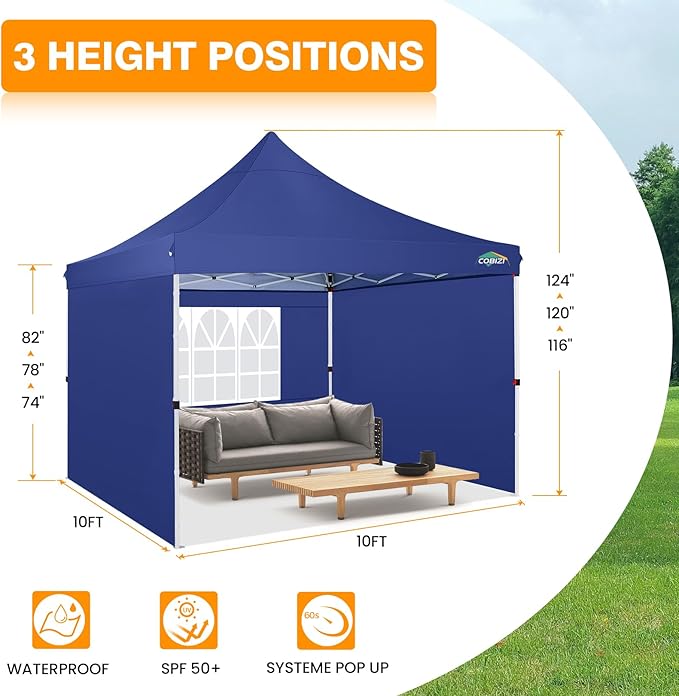 COBIZI 10x10 Pop Up Canopy with 3 Sidewalls, Canopy Tent 10x10 for Parties, Backyard, Commercial, Waterproof and Portable Instant Shelter UV50+ Ez Outdoor Canopy Gazebo with 4 Sandbags(Dark Blue)