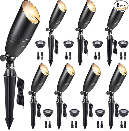 Gardenreet Spot Light Brass - Outdoor Landscape Spotlights LED, 12V Low Voltage Landscaping Uplights, Hard-Wired All Weather Black for Backyard Lawn with Day Light Changeable Bulbs (8 Pack)