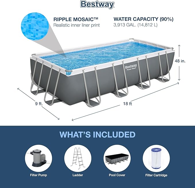 Bestway Power Steel 18' x 9' x 48" Rectangular Metal Frame Above Ground Swimming Pool Set with 1,500 GPH Filter Pump, Ladder, and Pool Cover