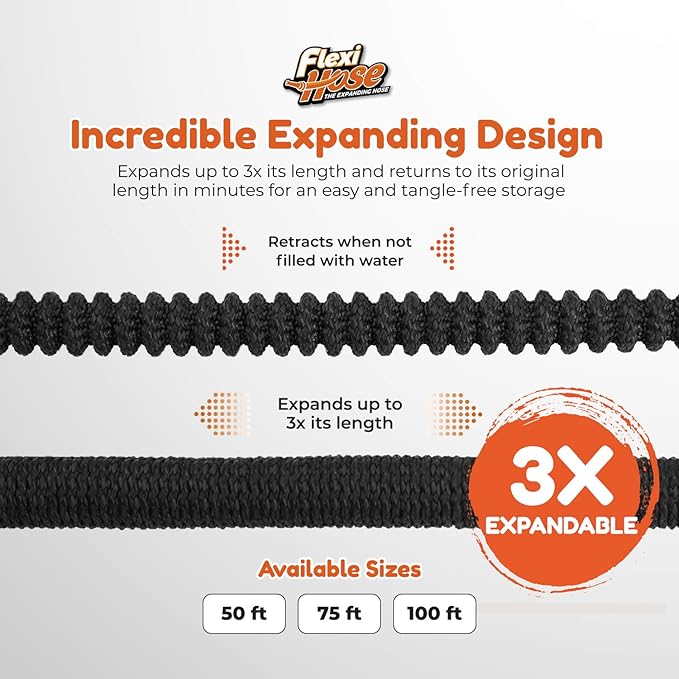 Flexi Hose Lightweight Expandable Garden Hose, 25FT -Retractable Garden Hose, Water Hose - No-Kink Flexibility, 3/4 Inch Solid Brass Fittings and Double Latex Core