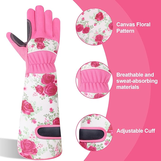 DLY Gardening Gloves for Women, Rose Gloves Gardening Thorn Proof, Long Garden Gloves for Women, Breathable & Durable Leather Gauntlet(Medium, Rose Red)