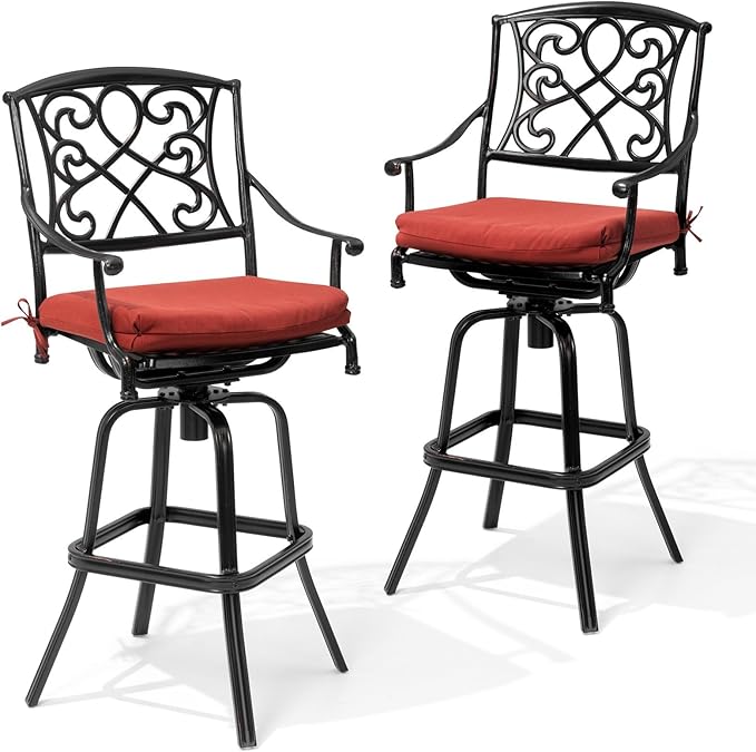 Crestlive Products Outdoor Bar Stools with Sunbrella Cushion Set of 2, 360° Swivel Patio Bar Height Chairs, All Weather Heavy Duty Commercial Grade Furniture, Antique Brown Finish for Outside (Red)