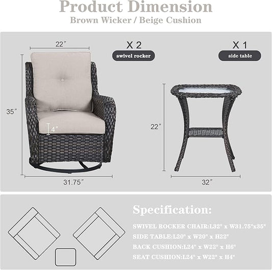 Belord Patio Furniture Set Swivel Rcoker - 3 Pieces Outdoor Glider Rocking Chairs with Small Side Table, Wicker Chair Sets for Porch, Balcony and Garden