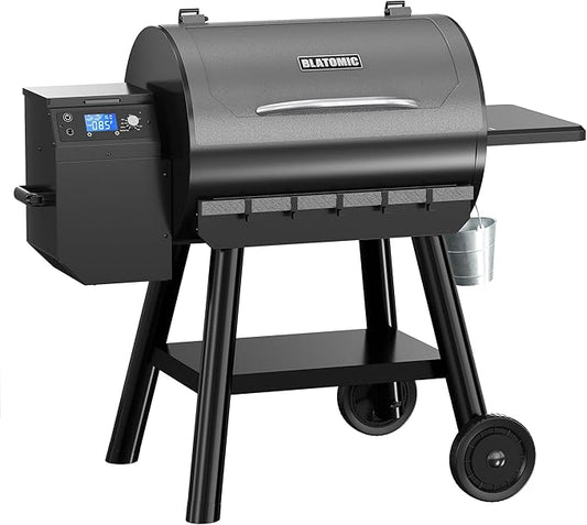 LCD Control Wood Pellet Smoker Grill, 700 SQ. IN Cook Area, Pellet Grill with Auto Feed & Leaking Waste, 500°F Max Temperature, 8 in 1 BBQ Grill with Meat Probe, Side Table with Hooks(Black)
