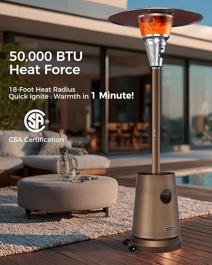 50,000 BTU Patio Heater for Outdoor Use With Adjustable Heat Focusing Top, Portable Propane Patio Heater with Wheels, Stainless Steel Burner for Porch Deck Garden (Basic Brown)