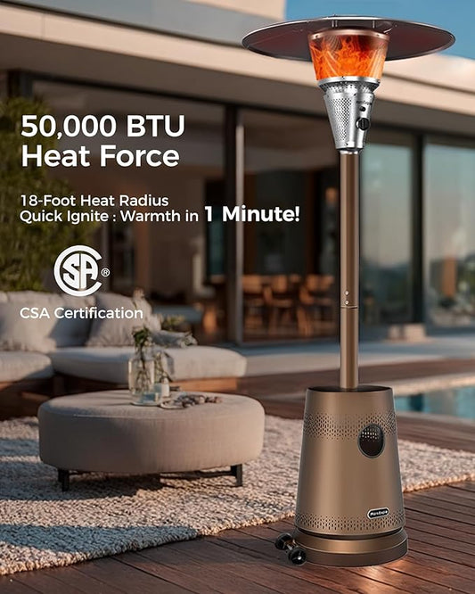50,000 BTU Patio Heater for Outdoor Use With Adjustable Heat Focusing Top, Portable Propane Patio Heater with Wheels, Stainless Steel Burner for Porch Deck Garden (Basic Brown)