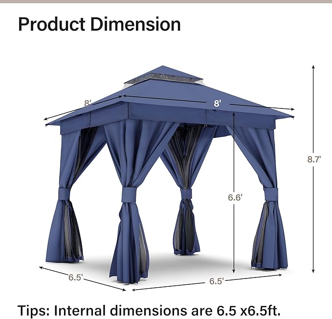 LAUSAINT HOME Outdoor Patio Gazebo 8'x8' with Expansion Bolts, Heavy Duty Party Tent & Shelter with Double Roofs, Mosquito Nettings and Privacy Screens for Backyard (Navy Blue)