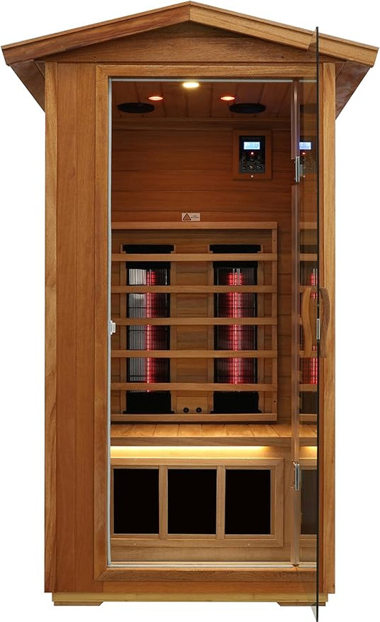 LTCCDSS Outdoor Ceramic Sauna 1 Person, Mahogany Far Infrared Sauna, Low EMF Sauna Room for Home, Chromotherapys | Bluetooth Speakers | Mahogany West African (45.7 * 39.4 * 79.5 inch)