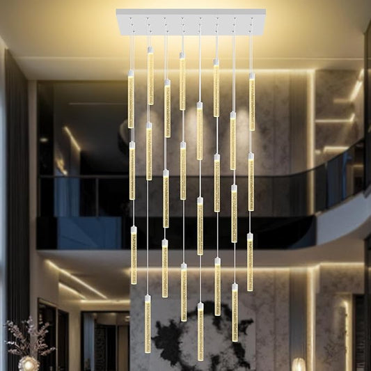 24-Lights Silver Modern Rectangular Crystal Chandeliers LED Dimmable Pendant Light for Kitchen Island Dining Room Entrance Foyer Living Room Adjustable Height