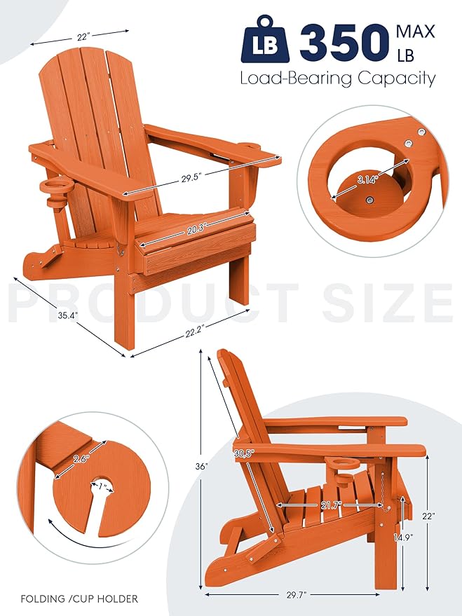 KINGYES Folding Adirondack Chair Set of 8, Dual Cup Holders & All-Weather HDPE, Wood-Like Patio Chair for Backyard, Camping, Pool & Fire Pit, Orange