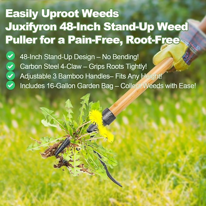 Stand Up Weed Puller Tool, Dandelion Hand Weeding Tool with 48" Long Handle Weed Remover Tool for Garden Lawn Yard, Includes a Reusable Garden Waste Bag