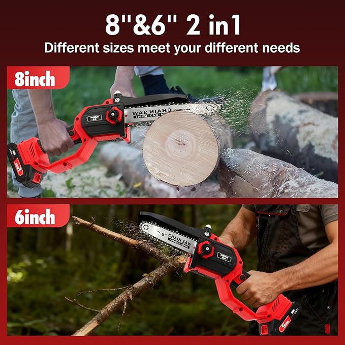 ALSO GO Mini Chainsaw Cordless, 8 inch & 6 inch Electric Chain Saw with 2x2.0Ah Batteries, Handheld Chain Saw Battery Powered, for Trees Trimming Wood Cutting, Gardening Gifts for Men Dad Husband