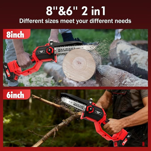 ALSO GO Mini Chainsaw Cordless, 8 inch & 6 inch Electric Chain Saw with 2x2.0Ah Batteries, Handheld Chain Saw Battery Powered, for Trees Trimming Wood Cutting, Gardening Gifts for Men Dad Husband