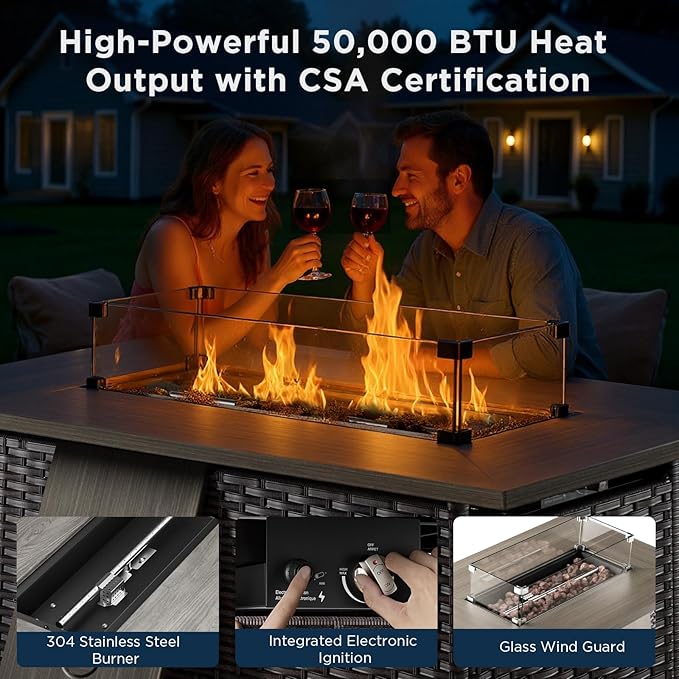Patio Furniture Set with 42.5" Fire Pit Table-8 Pieces All Weather Wicker Outdoor Furniture with High Back Swivel Patio Chairs Set of 2 Outdoor Couch for Deck Balcony Backyard Brown/Blue