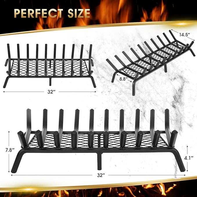 G GOOD GAIN Fireplace Grate with Ember Retainer, 32in Heavy Duty Steel Indoor, Chimney Hearth Wood Stove Burning Rack Holder,1/2 Bar Fire Place Asseccories for Outdoor, Fire Pits, Camping.