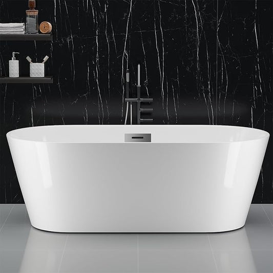 59" Free Standing Tub, Acrylic Soaking Bathtub, Stand Alone Freestanding Tub with Matte Sliver Drain and Overflow, Contemporary Bathtub for Bathroom, Black