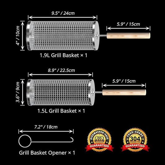 Rolling Grill Basket, Removable Wooden Handle, 304 Stainless Steel, Nesting BBQ Tools, Smoker Grilling Accessories for Vegetable, Outdoor Cooking Camping, Birthday Gifts for Men Dad Husband