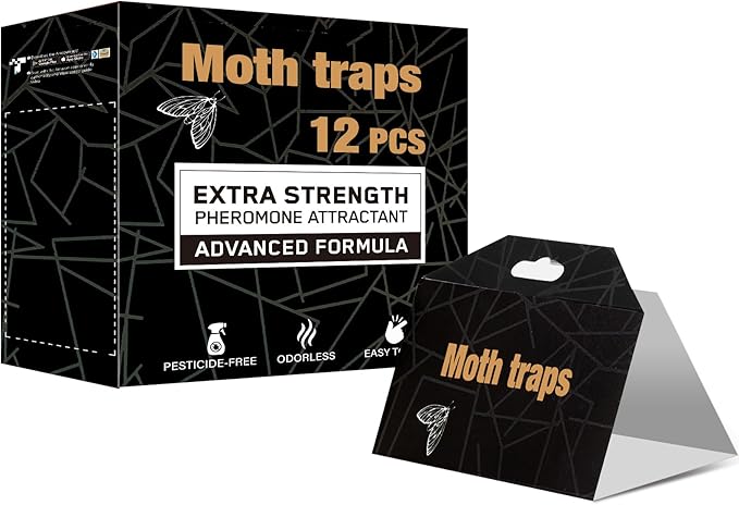 Upgraded Moth Traps, 12Pack Double Potent Pantry & Clothes Traps with Pheromones Prime, No Toxic & Odorless Meal Moth Trap, Organic Sticky Moths Balls Repellent with Lure for Closet, Kitchens