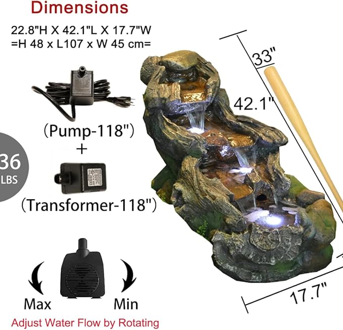 Bumilgar 42.1 Inches Garden Outdoor Water Fountain - Mutiply Tiered Cascading Fountains Outdoor Decor with LED Lights and Pumps for Garden, Patio, Porch, Backyard, Deck, Pond and Home Art Decor