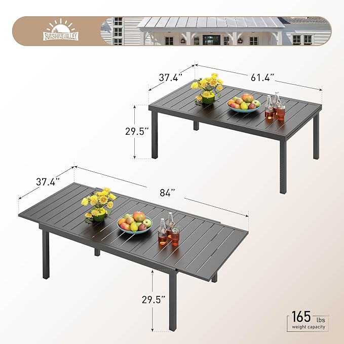 61"-87" Patio Dining Table for 6-8,Expanded Patio Table,E-Coating and Powder Coating Steel Frame Metal Outdoor Patio Table for Garden Backyard Lawn Yard