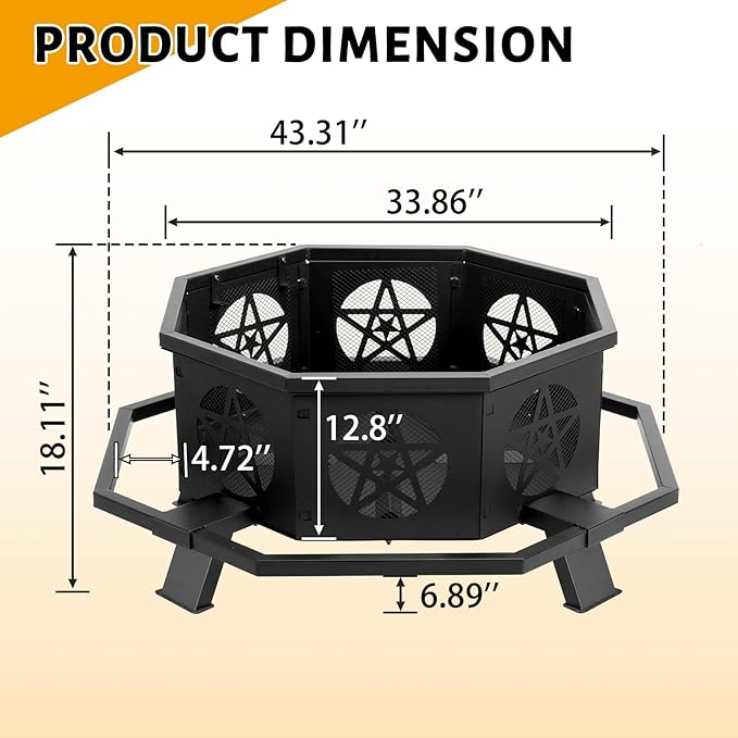 43 Inch Outdoor Fire Pit, Heavy Duty Wood Burning Firepits for Outside, Octagonal Metal Bonfire Fire Pits with Fire Poker for Camping, Backyard, Patio, Garden, Beach, Poolside, Picnic