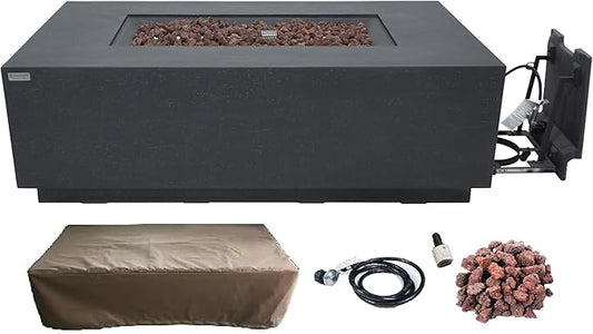 Elementi Andes Gas Fire Pit Cast Concrete Fire Table, Outdoor Fire Pit Electronic Ignition | Canvas Cover, Lava Rock Included | Free AMS Wind Guard & Table-top Firepit | Dark Gray (Propane Gas)