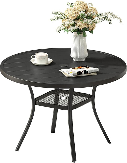 VICLLAX 41 Inches Round Patio Dining Table with Umbrella Hole, Metal Outdoor Dining Table for Garden, Patio, Porch, Black