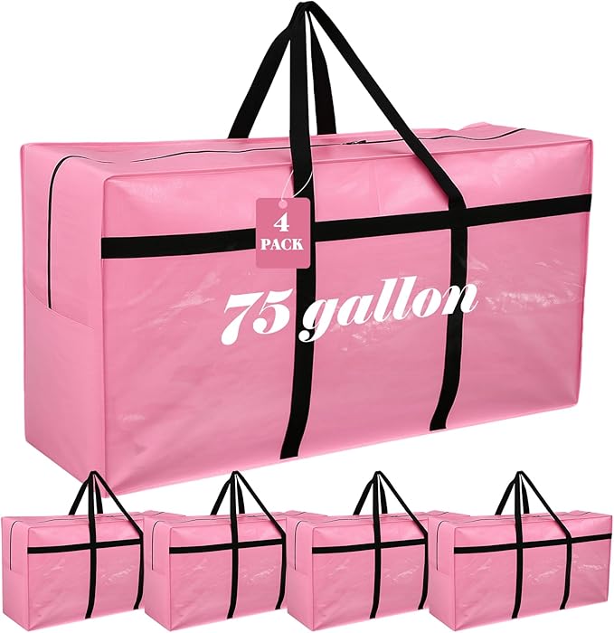 Windyun 4 Pack Extra Large Storage Bags XXL Moving Bag with Zipper Strong Handle Heavy Duty Jumbo Big Totes Moving Box Foldable Duffle for College Dorm Travel Clothes Space(75 Gallon,Pink)