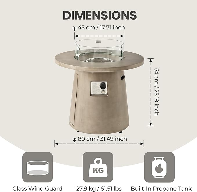 HOMPUS Outdoor Fire Pit Gray Propane Fire Table 31 inch Round Concrete Propane Fire Pit with Rain Cover 40,000 BTU Gas Smokeless Firepit for Outside Patio,Garden,Deck,Backyard